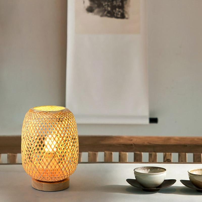 Hand-Woven Rattan Table Lamp with Burlywood Base | Modern Farmhouse
