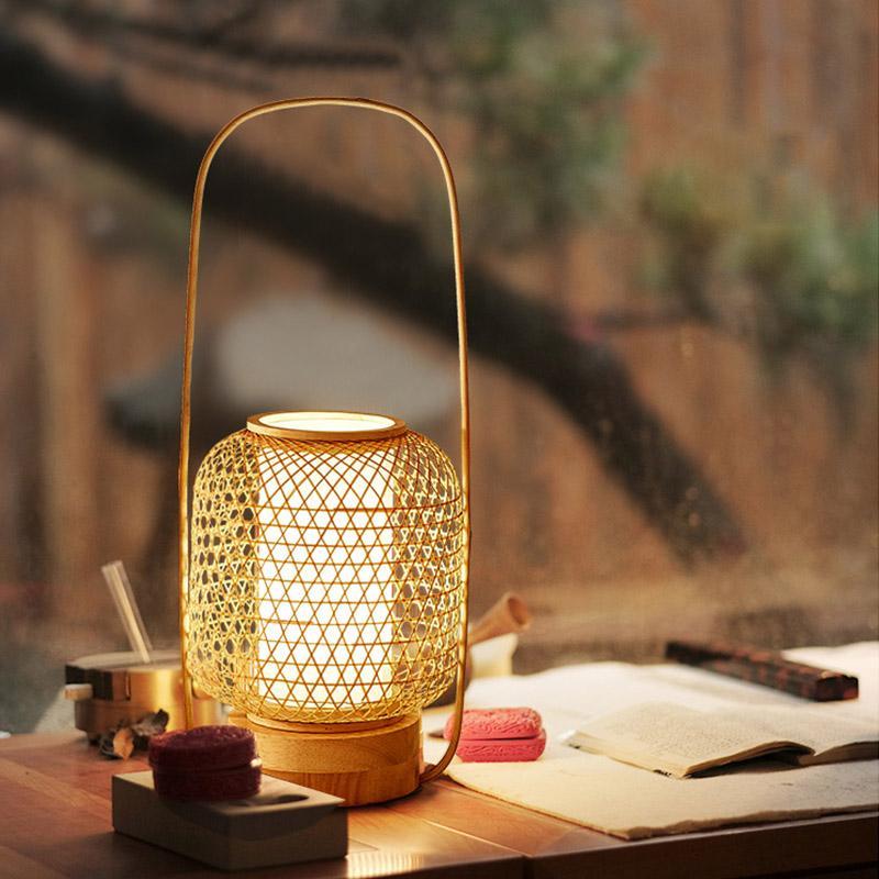 Woven Bamboo LED Table Lamp with USB Port & Portable Handle