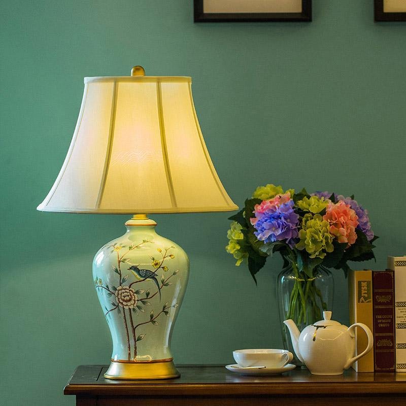 23" Asian Porcelain Table Lamp with Birds & Branches Design