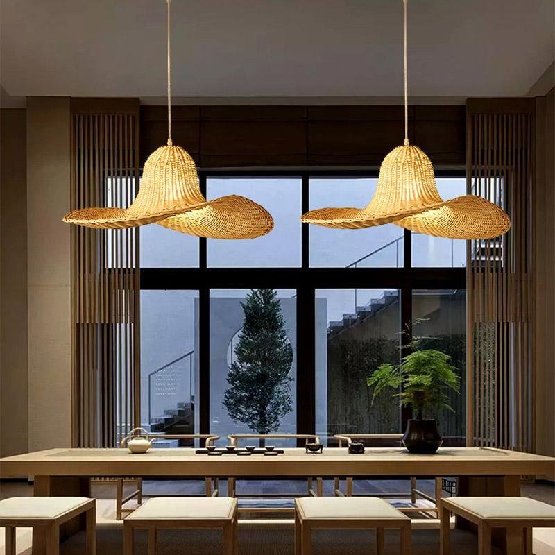 Rustic Hat Shaped Rattan Pendant Light 16/20/24 Inch Dining Room