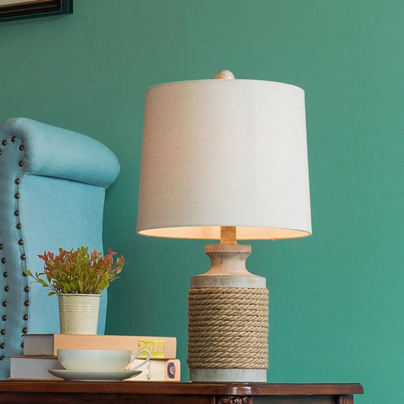 Rustic Stone Table Lamp with Rope Wrap & Oatmeal Fabric Shade