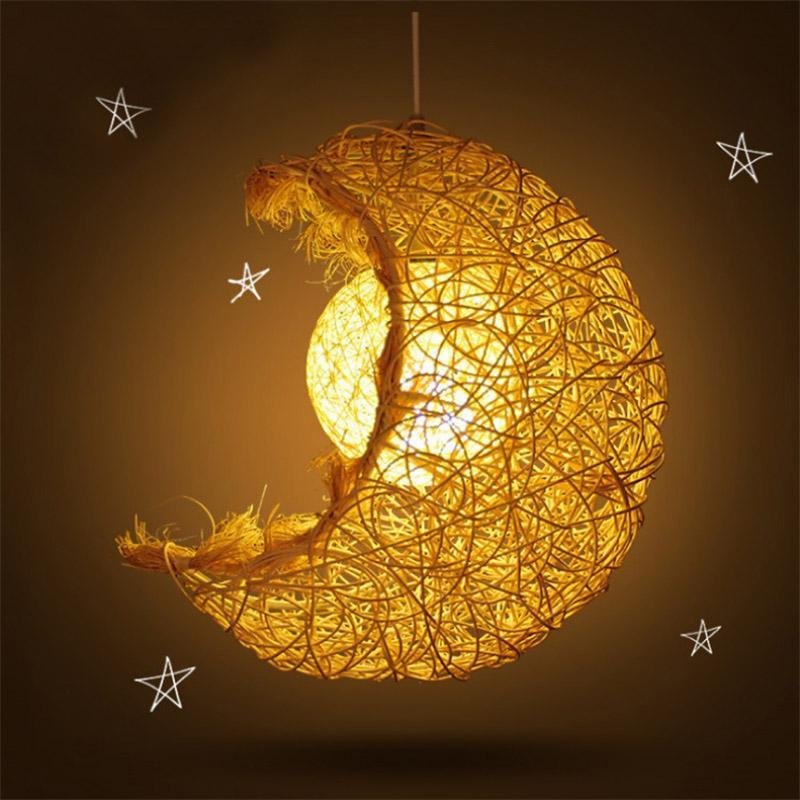 Moon Shaped Wicker Rattan Pendant Light Farmhouse Ceiling Fixture