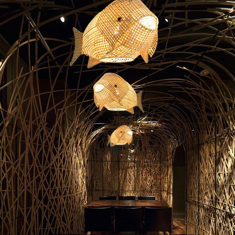 26" Fish-Shaped Bamboo Pendant Light - Farmhouse Rustic Design