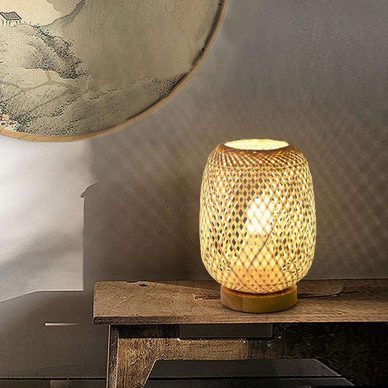 Hand-Woven Rattan Table Lamp with Burlywood Base | Modern Farmhouse