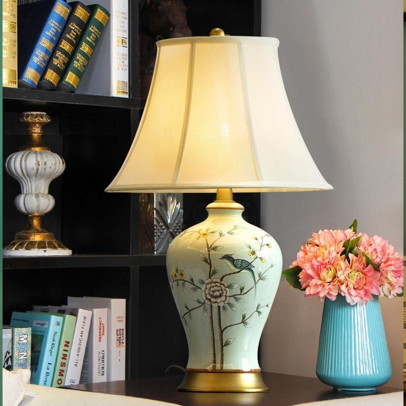 23" Asian Porcelain Table Lamp with Birds & Branches Design