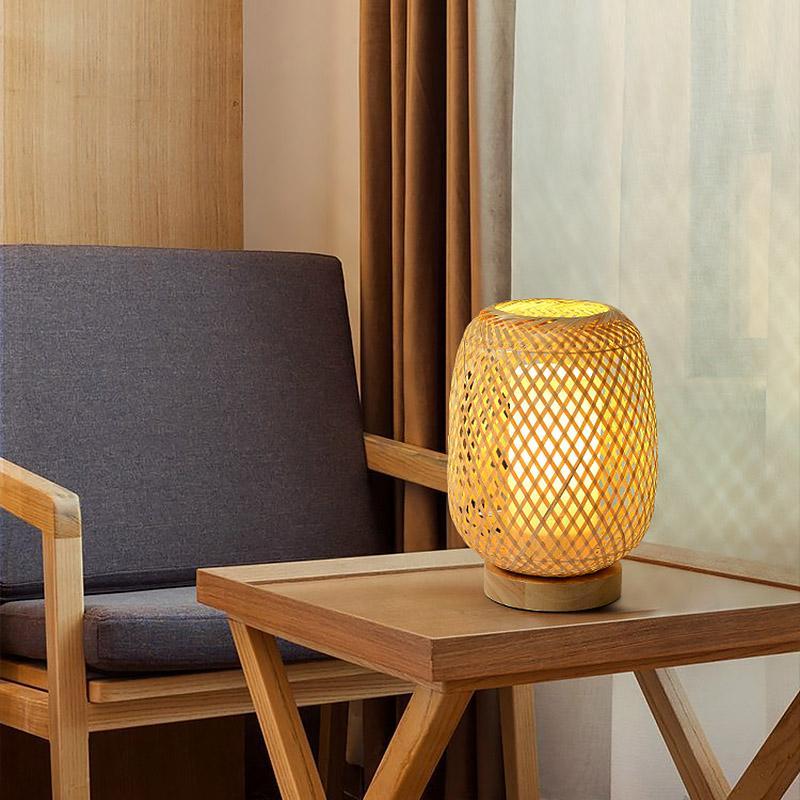 Hand-Woven Rattan Table Lamp with Burlywood Base | Modern Farmhouse