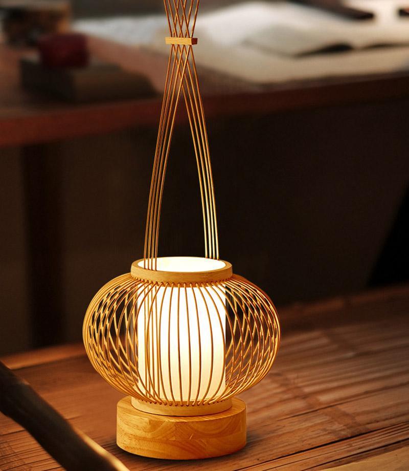 Woven Bamboo LED Table Lamp with USB Port & Portable Handle