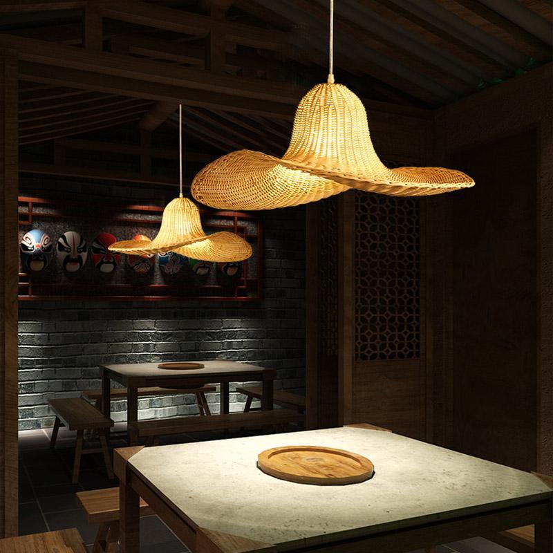Rustic Hat Shaped Rattan Pendant Light 16/20/24 Inch Dining Room
