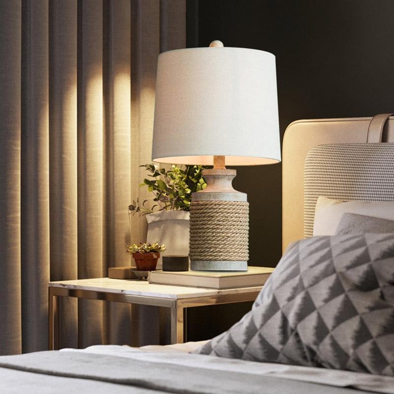 Rustic Stone Table Lamp with Rope Wrap & Oatmeal Fabric Shade