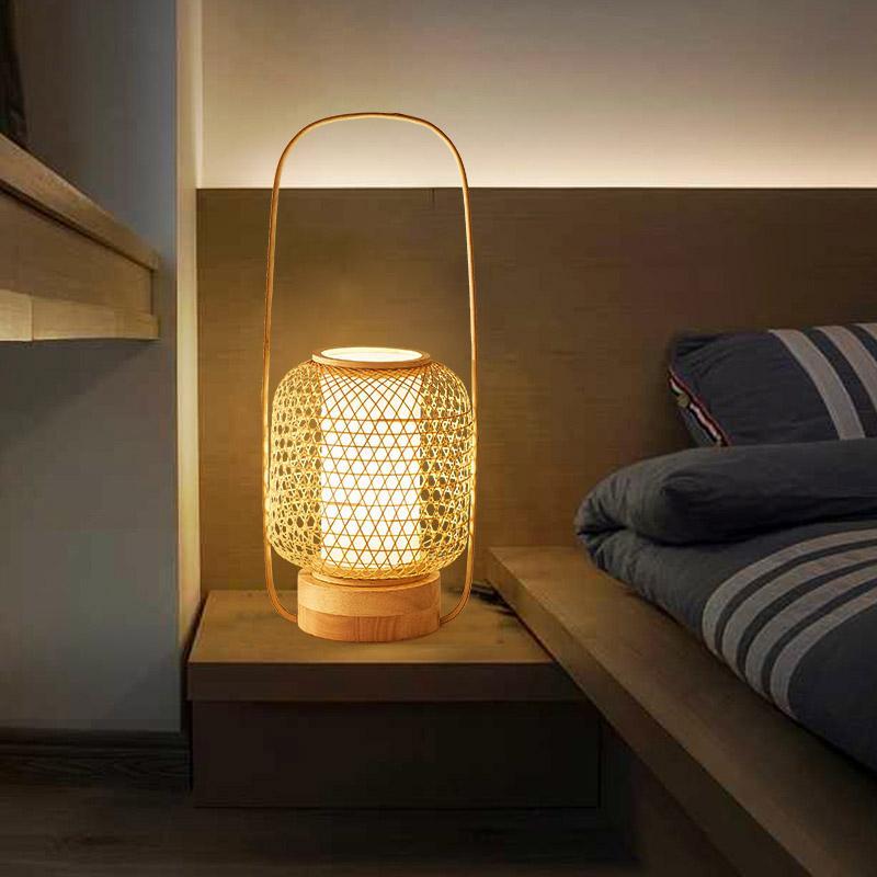 Woven Bamboo LED Table Lamp with USB Port & Portable Handle