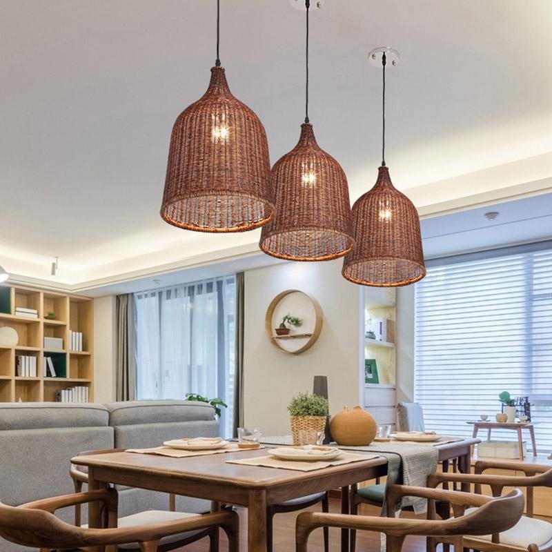 Rustic Bell Rattan Pendant Light - Farmhouse Woven Ceiling Lamp