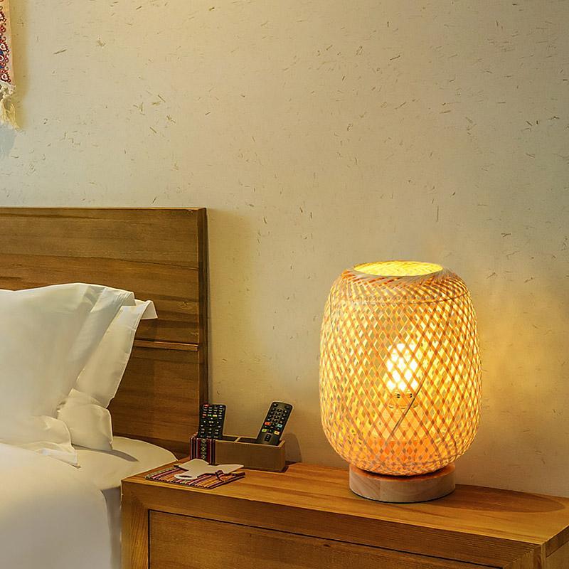 Hand-Woven Rattan Table Lamp with Burlywood Base | Modern Farmhouse