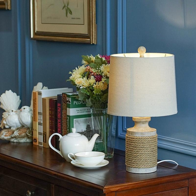 Rustic Stone Table Lamp with Rope Wrap & Oatmeal Fabric Shade