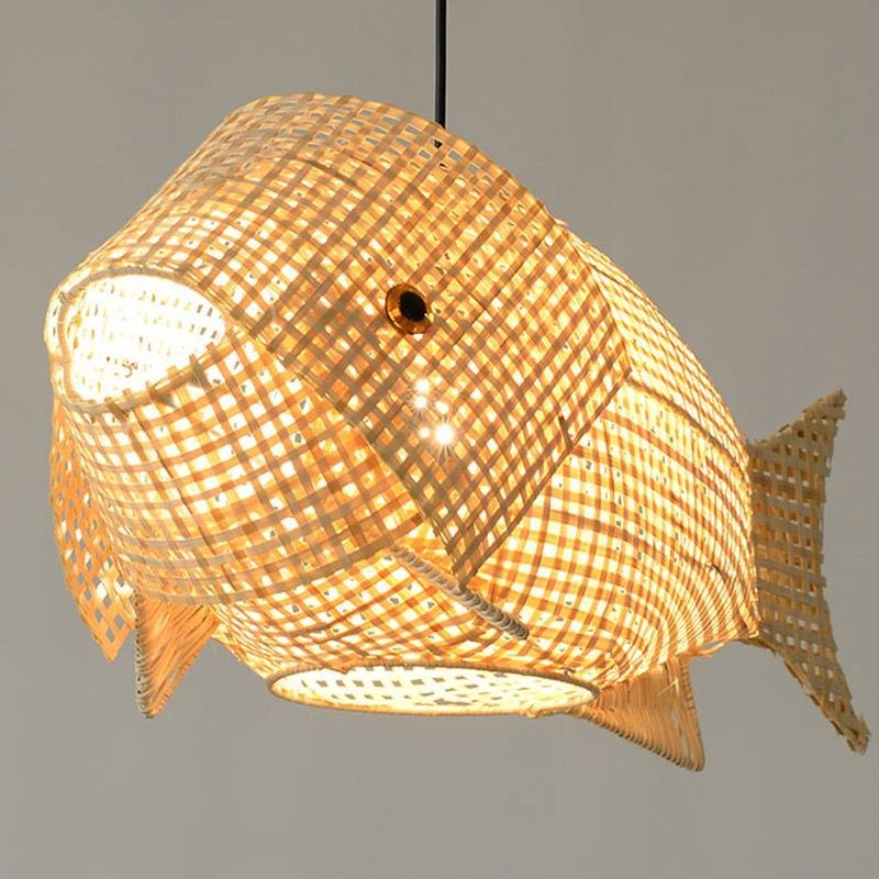 26" Fish-Shaped Bamboo Pendant Light - Farmhouse Rustic Design