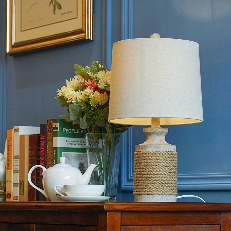 Rustic Stone Table Lamp with Rope Wrap & Oatmeal Fabric Shade