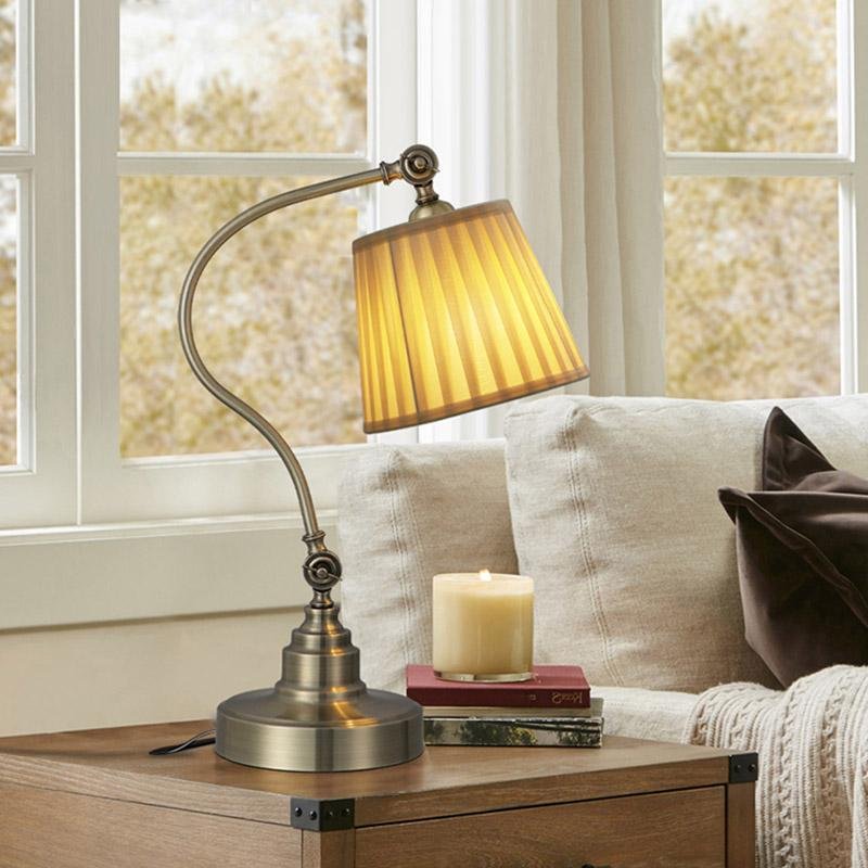 Industrial Arched Metal Desk Lamp with Linen Shade