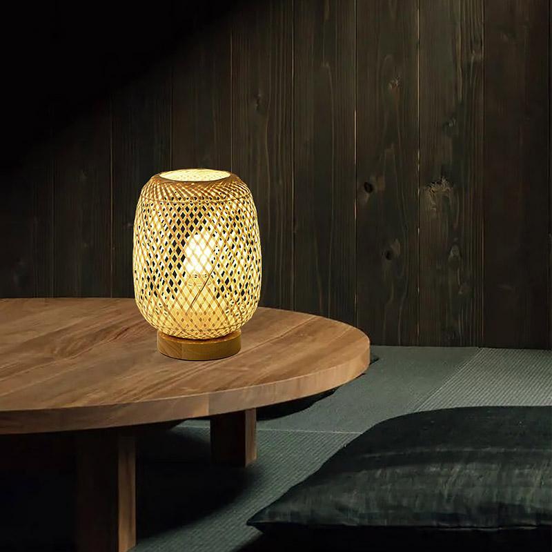 Hand-Woven Rattan Table Lamp with Burlywood Base | Modern Farmhouse