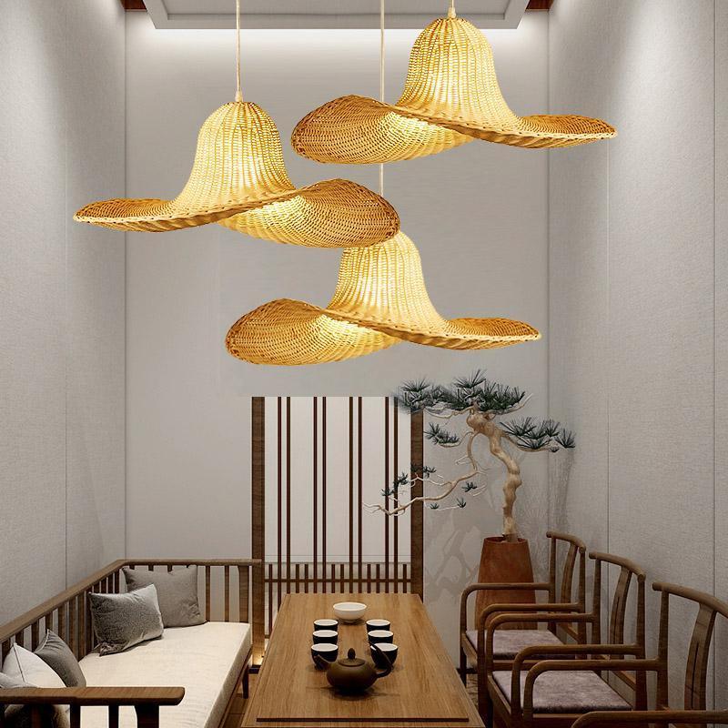 Rustic Hat Shaped Rattan Pendant Light 16/20/24 Inch Dining Room