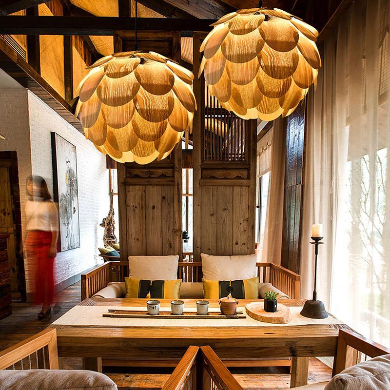 15" Rustic Pineapple Wood Pendant Light | Ashwood Farmhouse Design