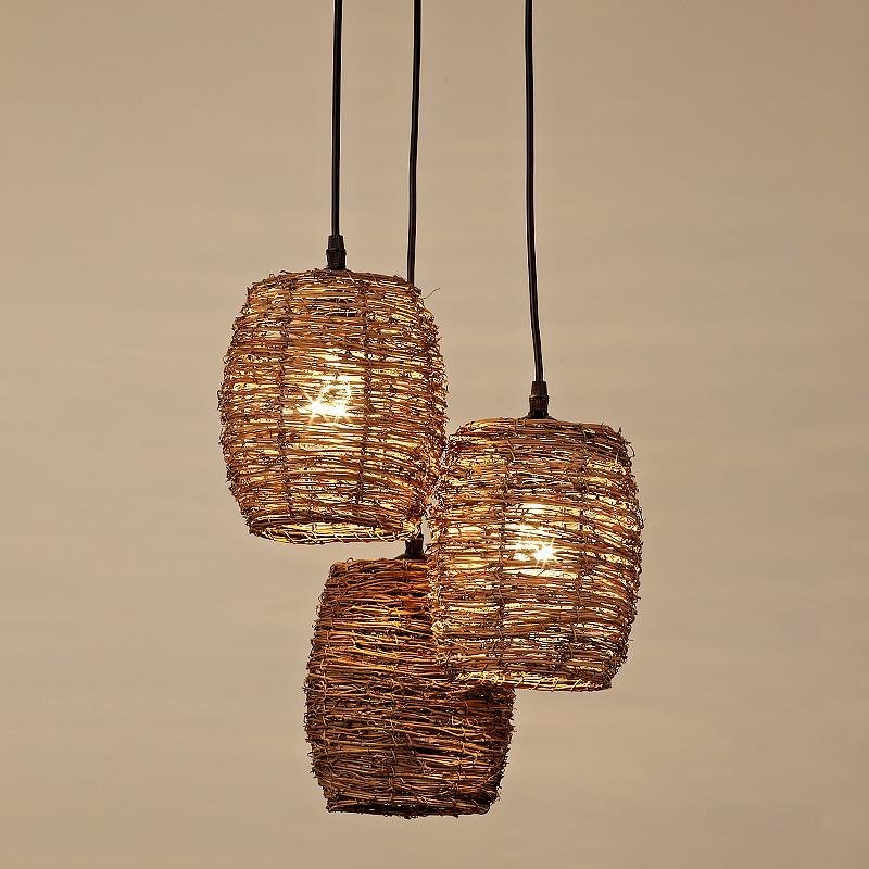 3-Piece Wicker Pendant Light Set - Farmhouse Rustic Burlywood
