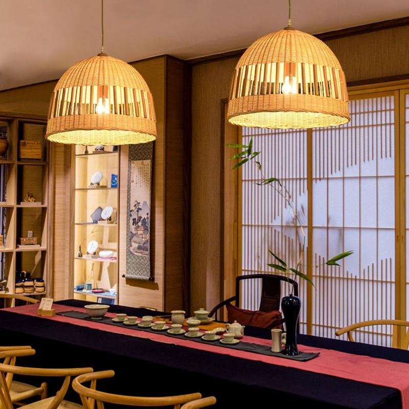 Bamboo Dome Pendant Light with Open Weave Design