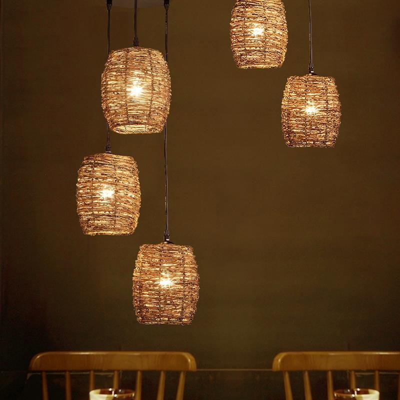 3-Piece Wicker Pendant Light Set - Farmhouse Rustic Burlywood
