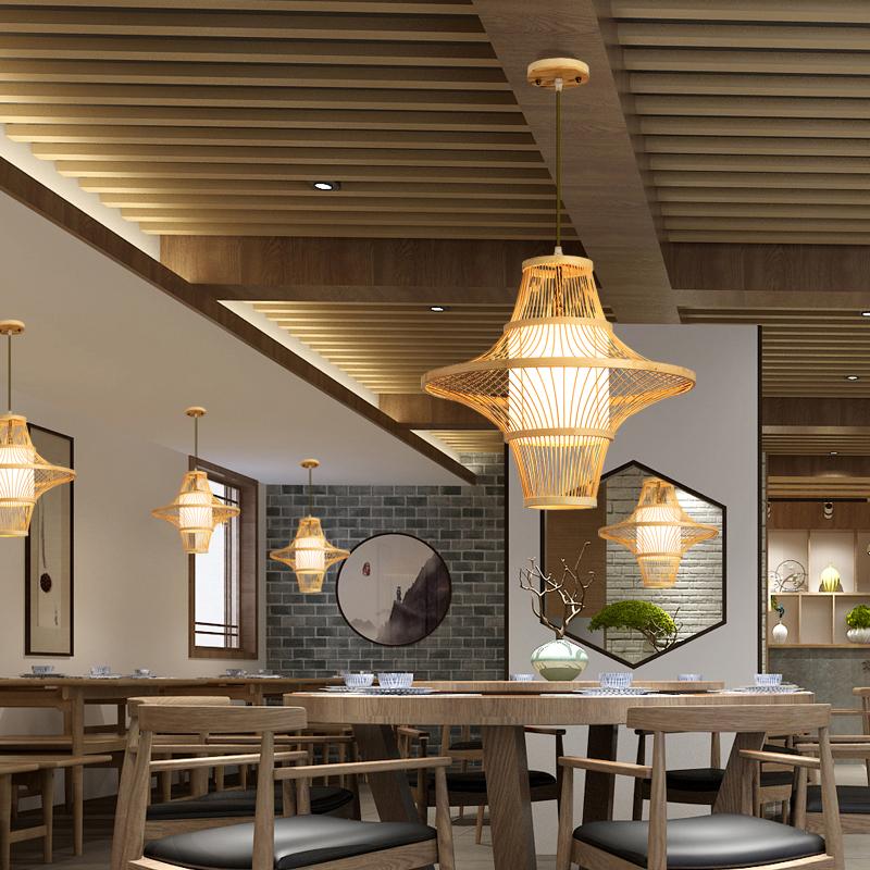 Farmhouse Bamboo Pendant Light - Two Cone Natural Wood Ceiling Lamp