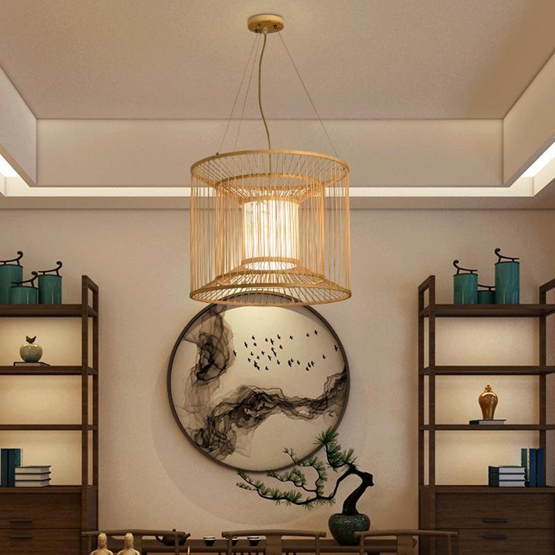 Bamboo Cylindrical Cage Pendant Light - Farmhouse Rustic Design
