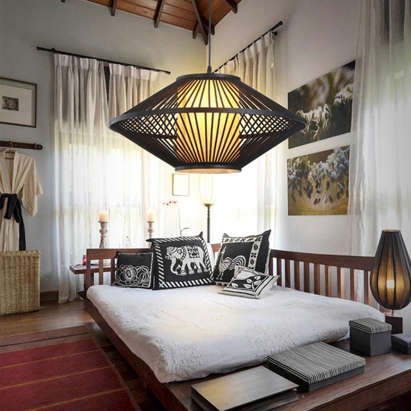 Black Bamboo Farmhouse Pendant Light - Pyramid Ceiling Fixture