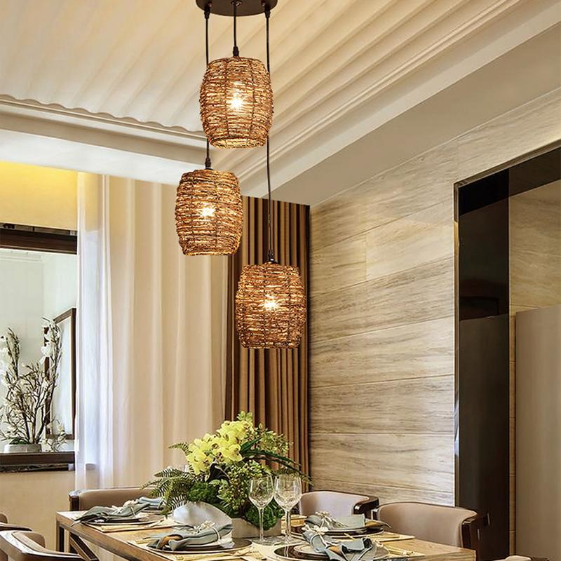 3-Piece Wicker Pendant Light Set - Farmhouse Rustic Burlywood