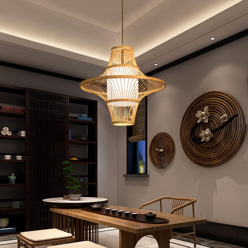 Farmhouse Bamboo Pendant Light - Two Cone Natural Wood Ceiling Lamp