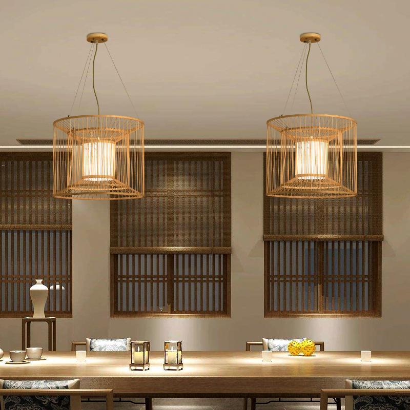 Bamboo Cylindrical Cage Pendant Light - Farmhouse Rustic Design