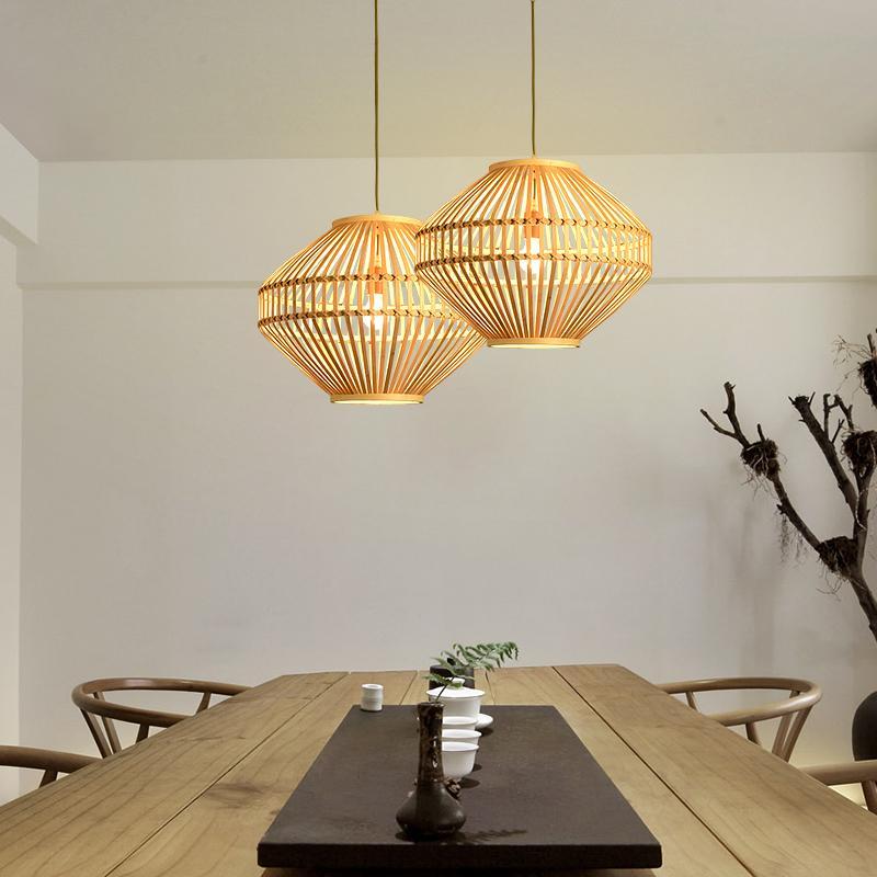 Bamboo Farmhouse Pendant Light - Diamond Open Weave Design