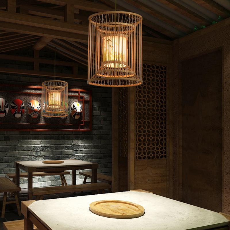 Bamboo Cylindrical Cage Pendant Light - Farmhouse Rustic Design