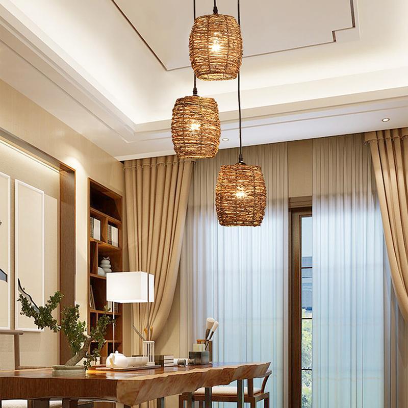 3-Piece Wicker Pendant Light Set - Farmhouse Rustic Burlywood