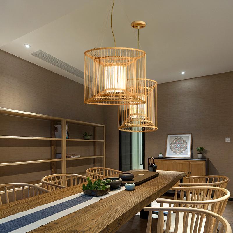 Bamboo Cylindrical Cage Pendant Light - Farmhouse Rustic Design