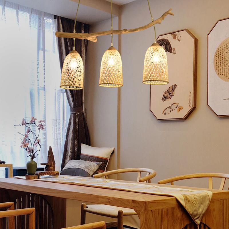 Bamboo Triple Pendant Chandelier with Branch Detail
