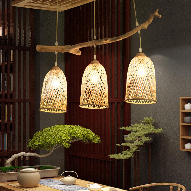 Bamboo Triple Pendant Chandelier with Branch Detail