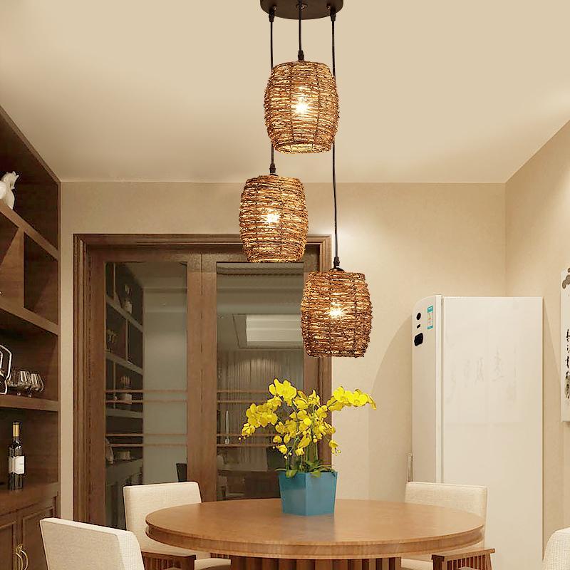 3-Piece Wicker Pendant Light Set - Farmhouse Rustic Burlywood
