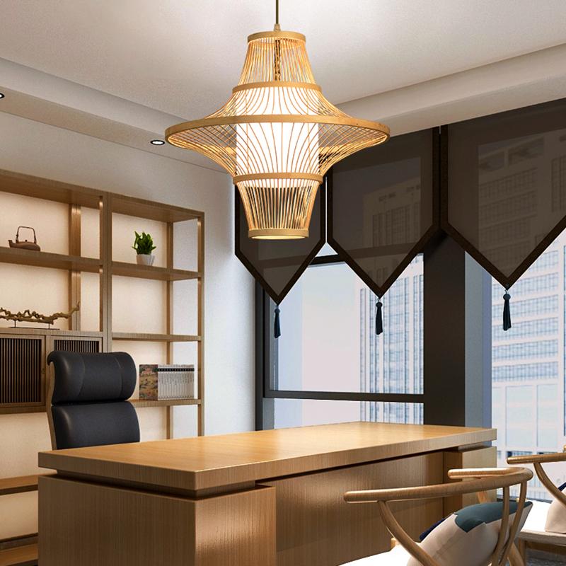 Farmhouse Bamboo Pendant Light - Two Cone Natural Wood Ceiling Lamp