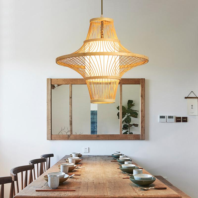 Farmhouse Bamboo Pendant Light - Two Cone Natural Wood Ceiling Lamp