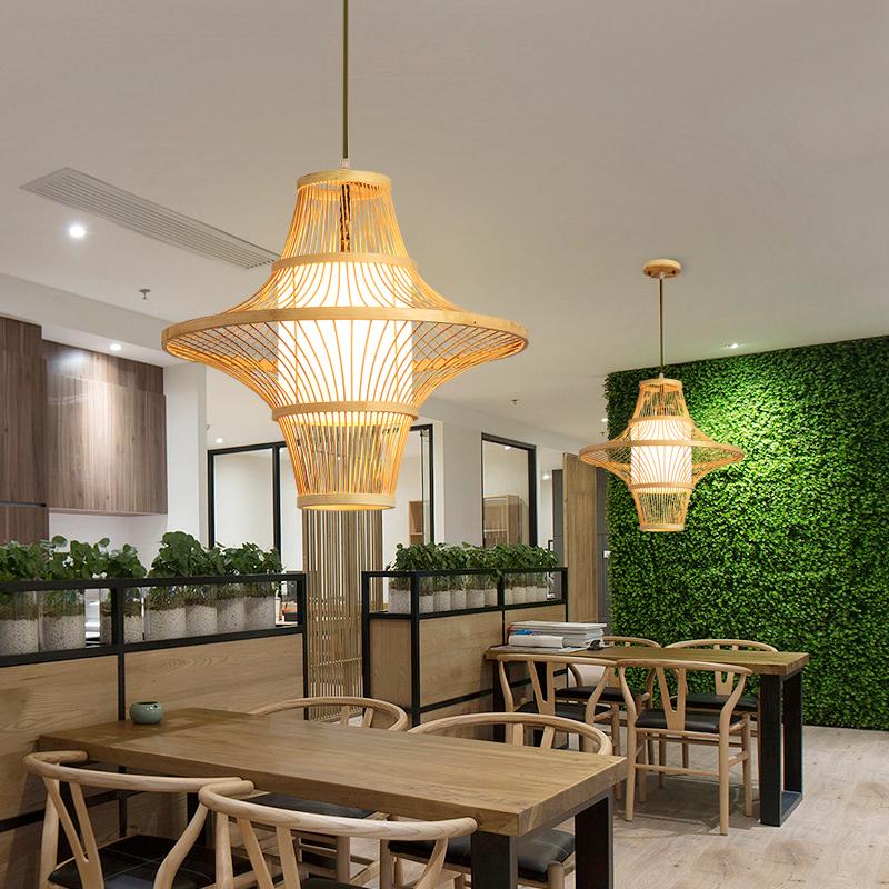 Farmhouse Bamboo Pendant Light - Two Cone Natural Wood Ceiling Lamp