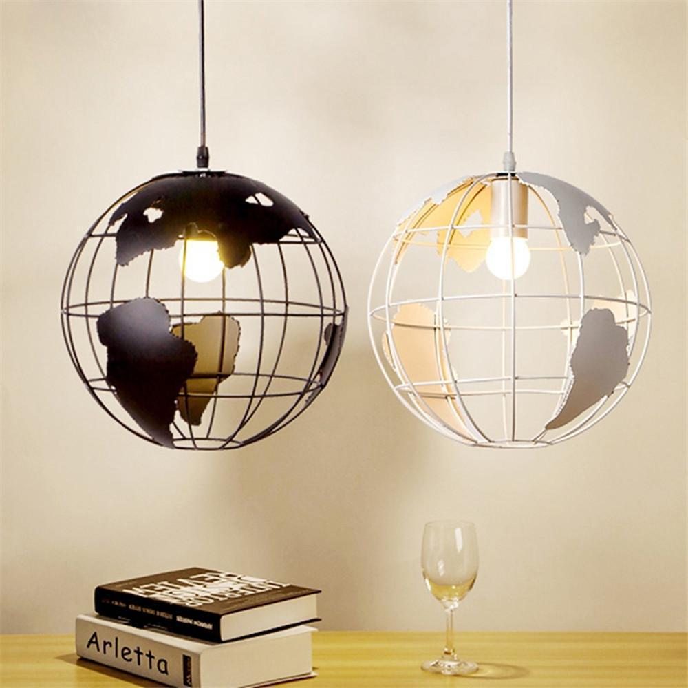 8" Globe World Map Retro Metal Pendant Light - Black & White