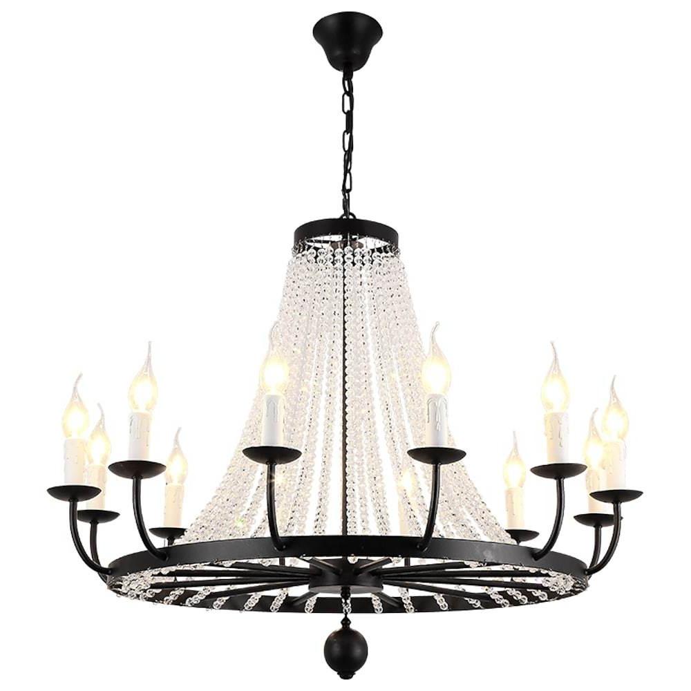 Vintage Wagon Wheel Crystal Chandelier - Black Metal Candle Style