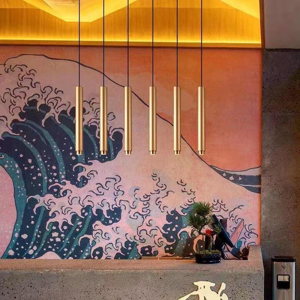 Gold Metal Cylindrical LED Pendant Light Modern Island Lighting