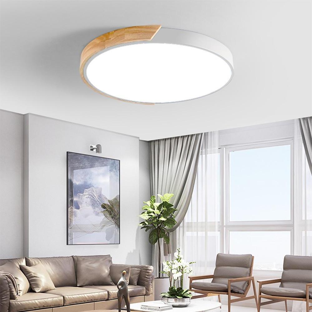 Modern Circular LED Flush Mount Ceiling Light - Metal & Wood