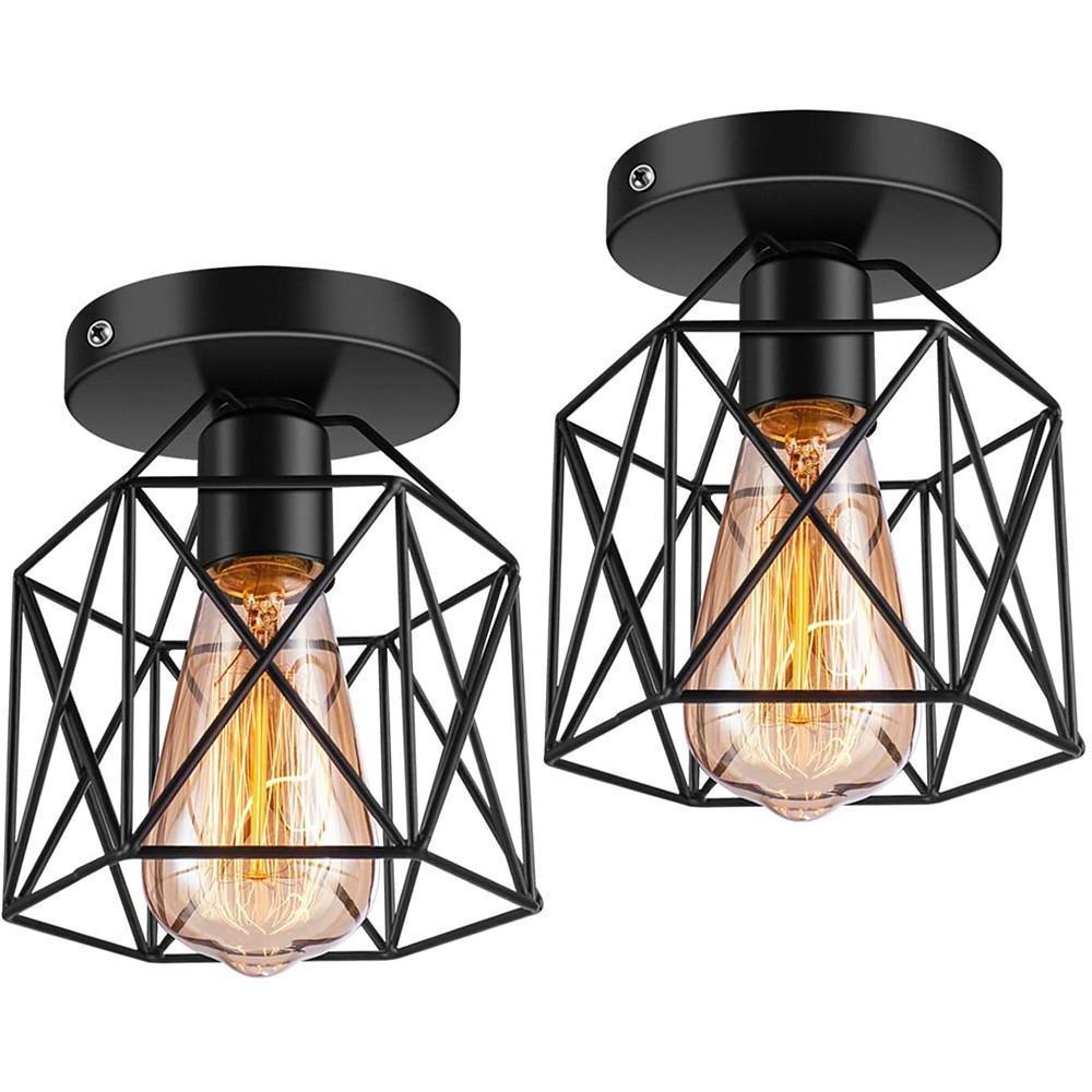 Black Metal Wire Frame Semi-Flush Mount Ceiling Light Industrial