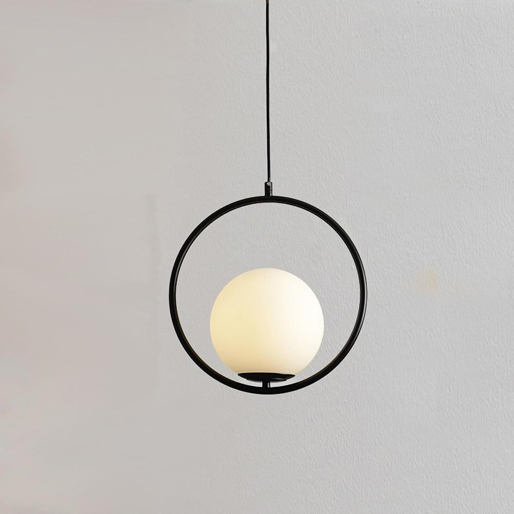 Opal Glass Ball Pendant Light with Metal Ring Frame