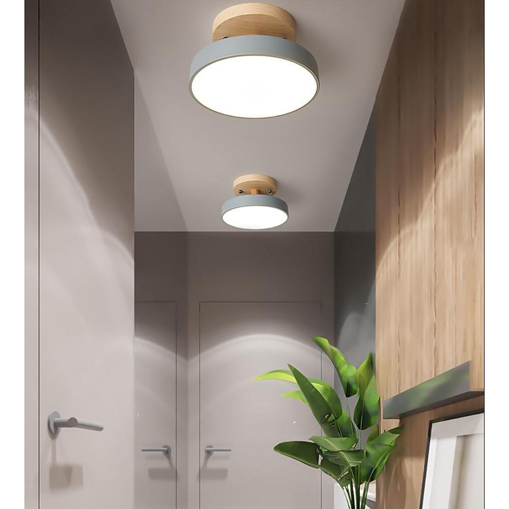Round Minimalist Drum Flush Mount Ceiling Light Metal Wood LED