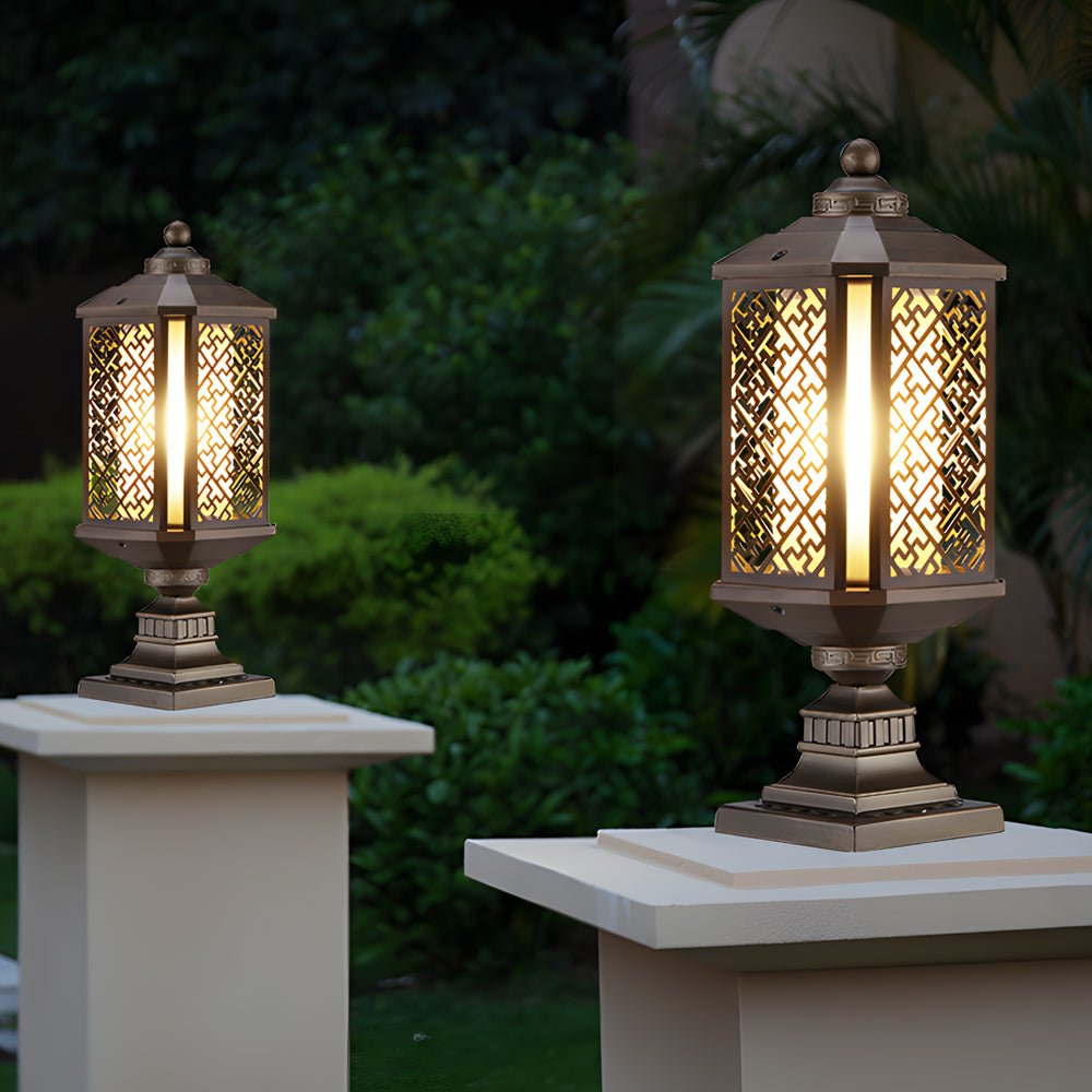 Retro Brass Post Light with Glass Shade - Outdoor Waterproof